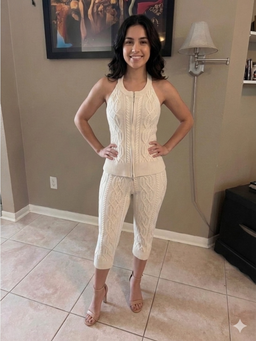 Fashion Nova Cream Cable-Knit Zip Halter Top & Capri Set